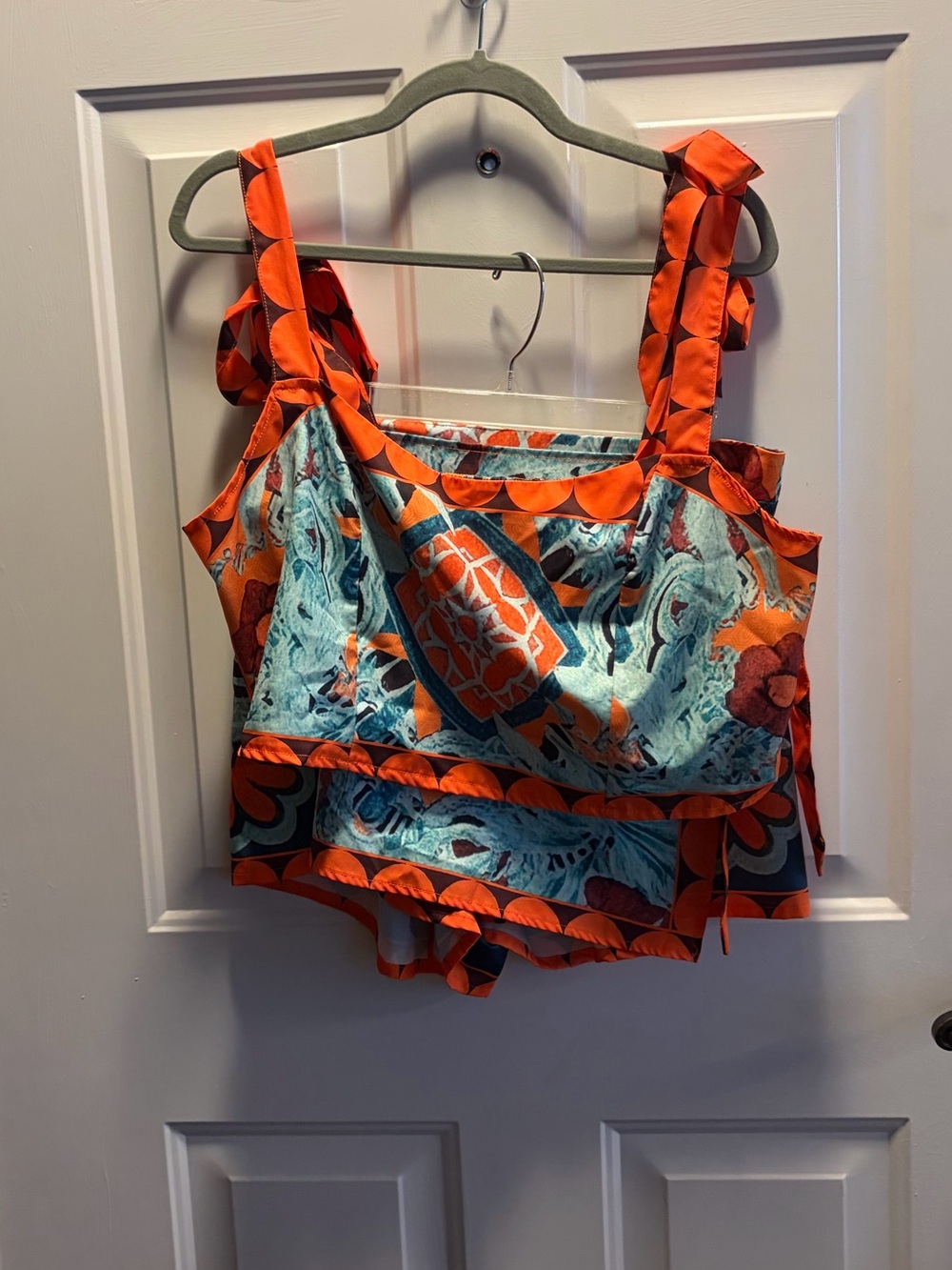 SHEIN Orange & Aqua Patterned Ruffle Tank Crop Top and Matching Shorts